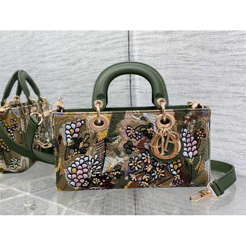 D*or medium lady d-joy bag green multicolor lily and bead embroidery