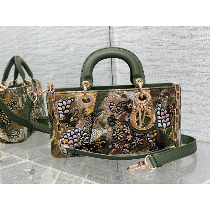 D*or medium lady d-joy bag green multicolor lily and bead embroidery