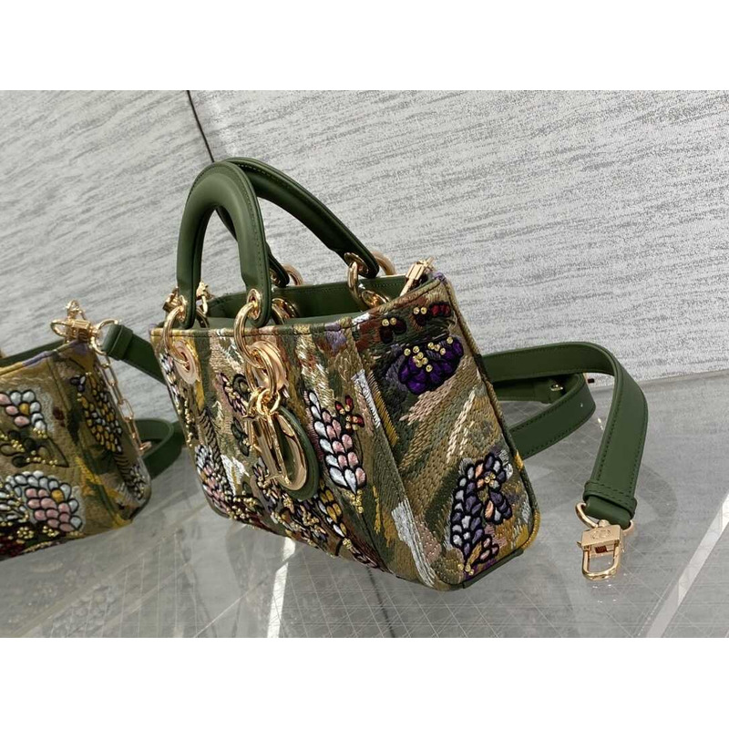 D*or medium lady d-joy bag green multicolor lily and bead embroidery