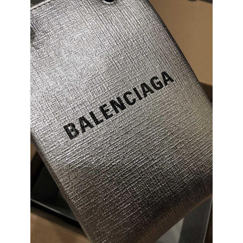 Ba*len*cia*ga textured calfskin logo shopping phone holder bag silver