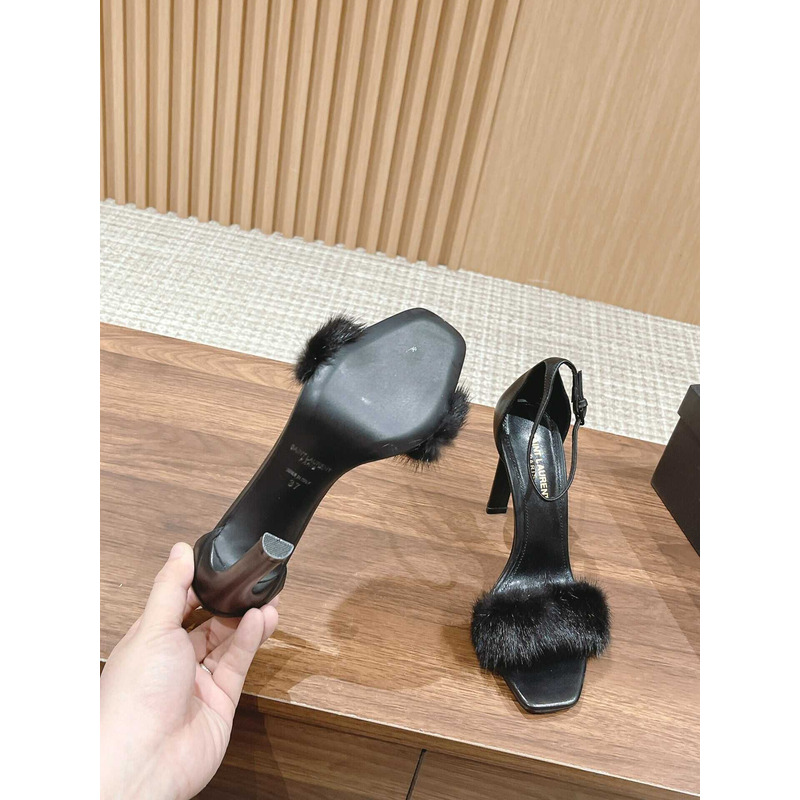 Saint Laurent Black Bea Mink Heel Sandals