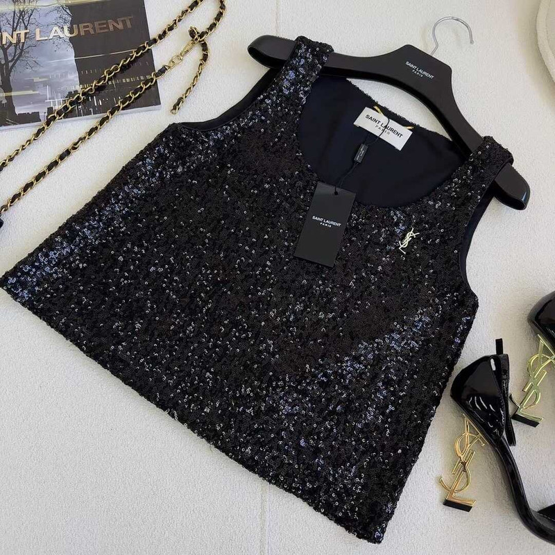 Saint Laurent Glitter Sleeveless Tank Top Black