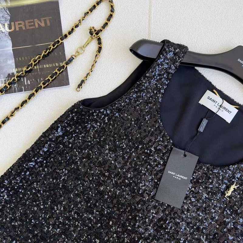 Saint Laurent Glitter Sleeveless Tank Top Black