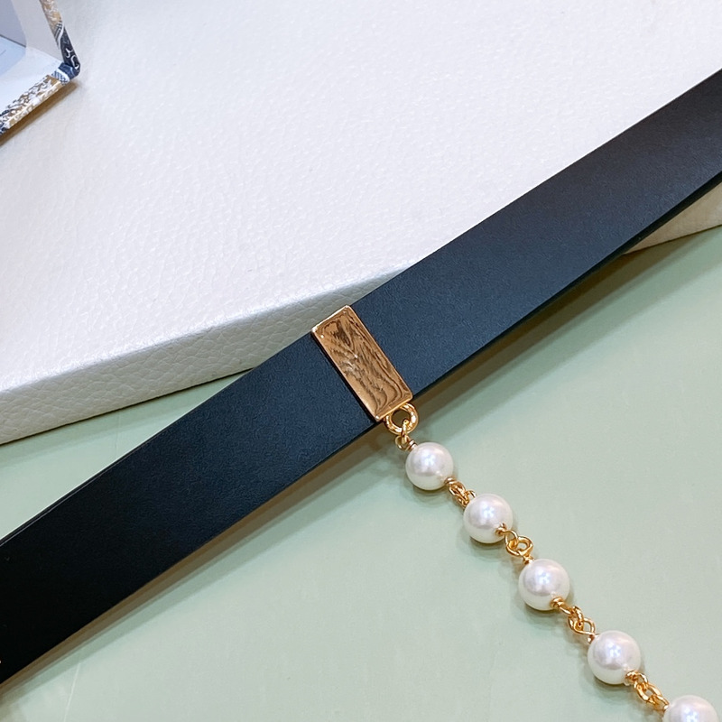 D*or caro belt black smooth calfskin and white glass pearls