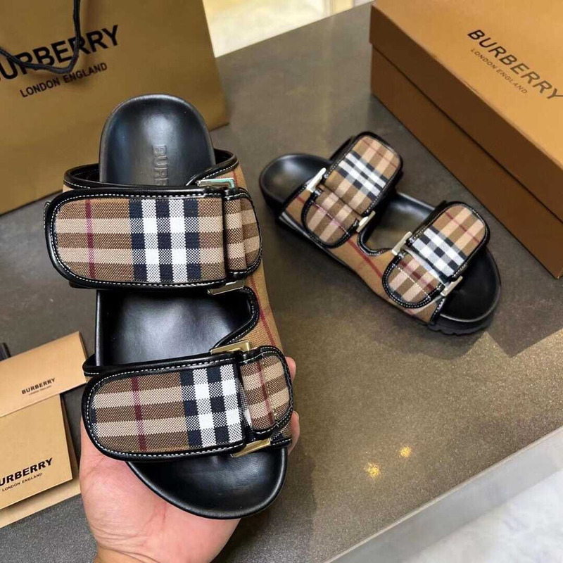 B**rry check cotton canvas slides beige and black