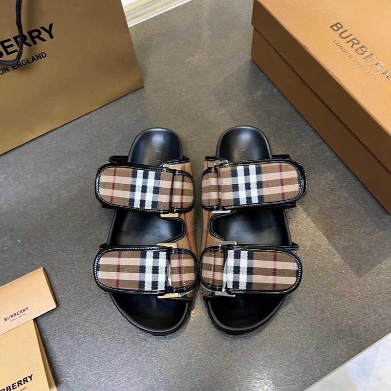 B**rry check cotton canvas slides beige and black