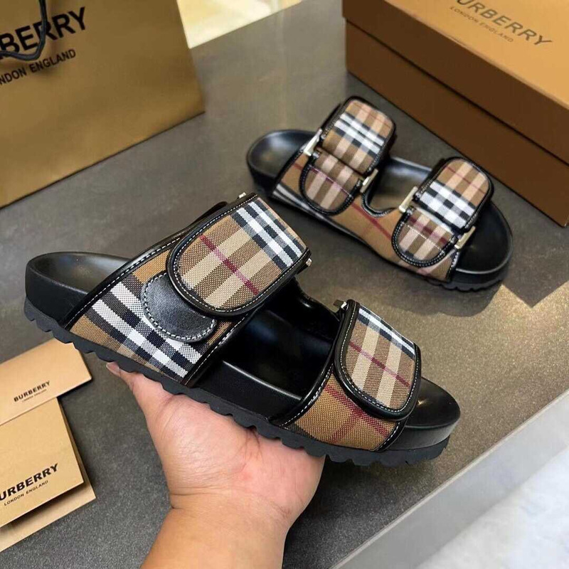 B**rry check cotton canvas slides beige and black