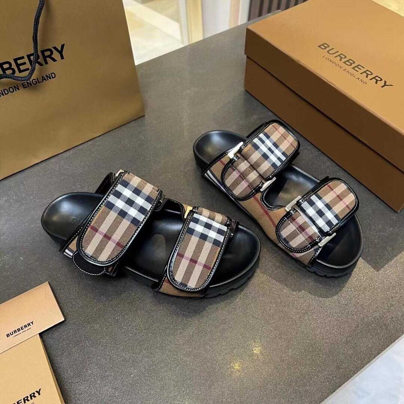 B**rry check cotton canvas slides beige and black