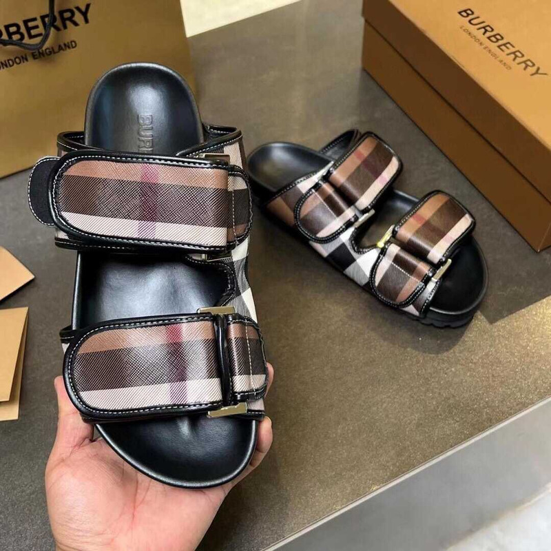 B**rry check cotton canvas slides dark birch brown