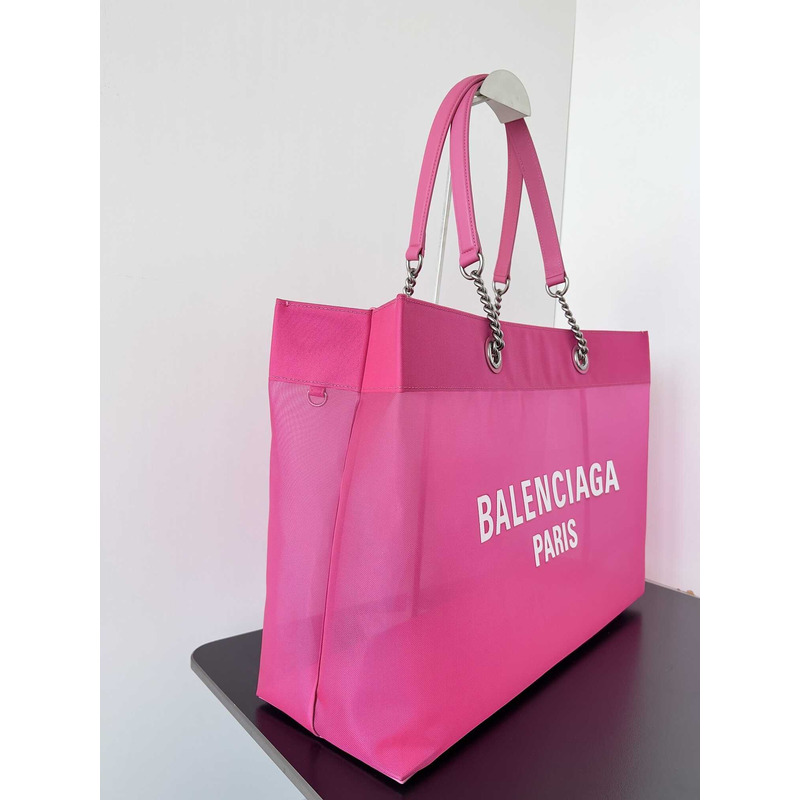 Ba*len*cia*ga duty free large mesh tote bag in white/fuchsia