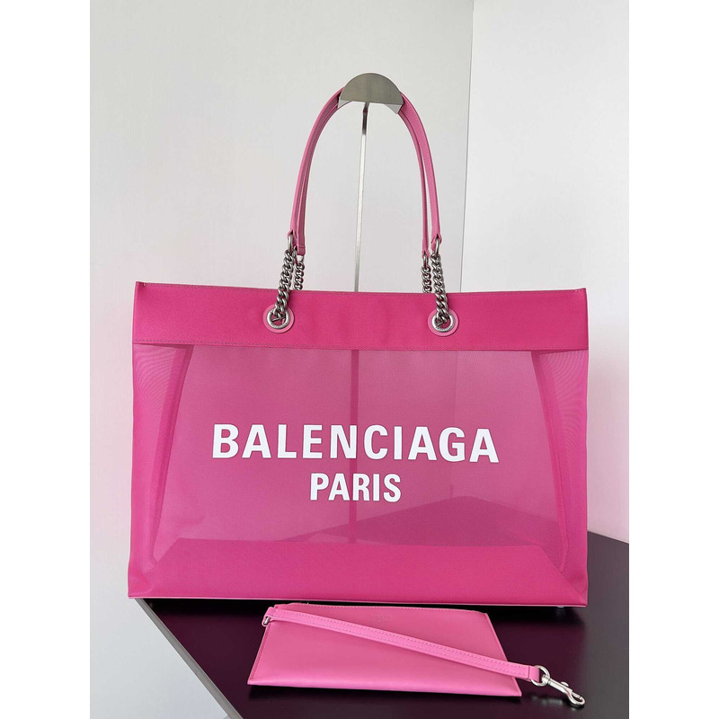 Ba*len*cia*ga duty free large mesh tote bag in white/fuchsia