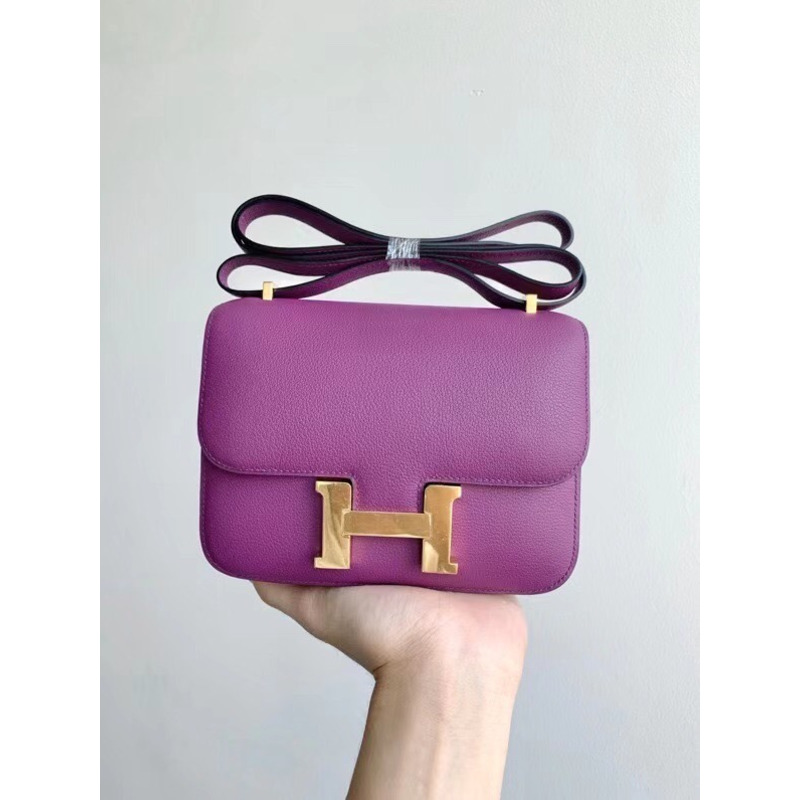 H**mes evercolor leather constance mini gold buckle shoulder bag anemone/purple