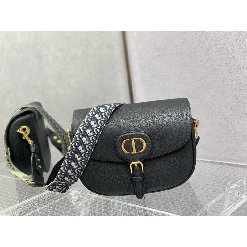 D*or large D*or bobby bag  black grained calfskin with blue D*or oblique embroidered shoulder strap