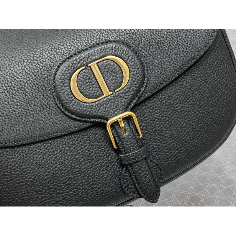 D*or large D*or bobby bag  black grained calfskin with blue D*or oblique embroidered shoulder strap