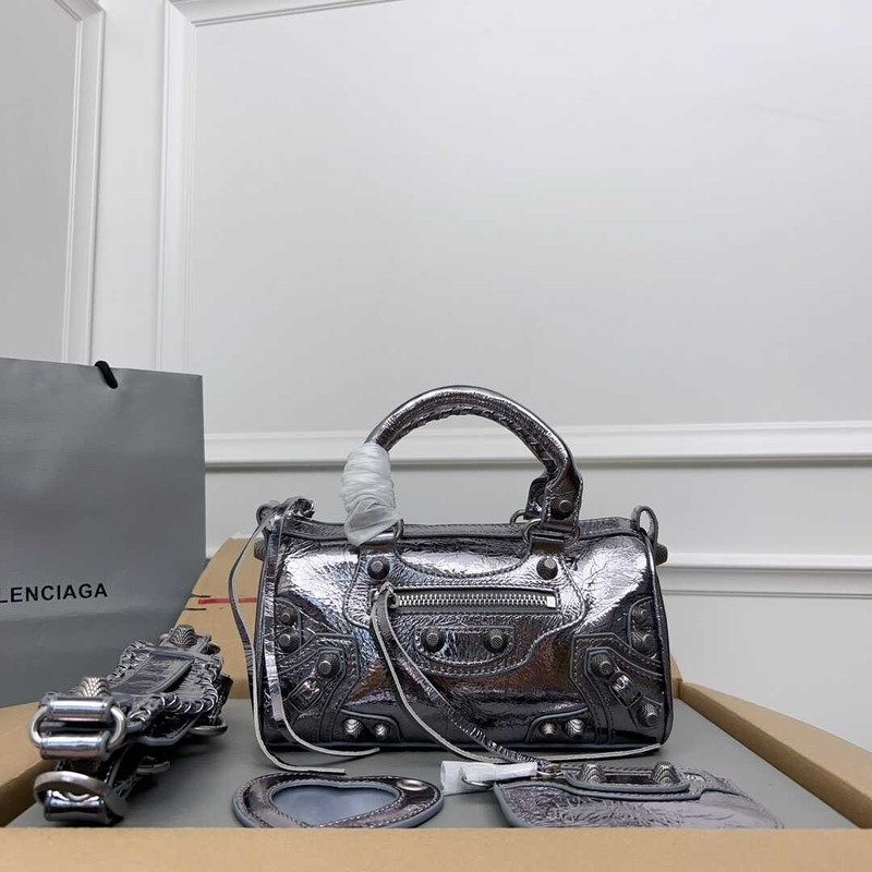 Ba*len*cia*ga le cagole mini leather duffel bag silver