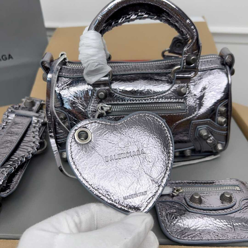 Ba*len*cia*ga le cagole mini leather duffel bag silver