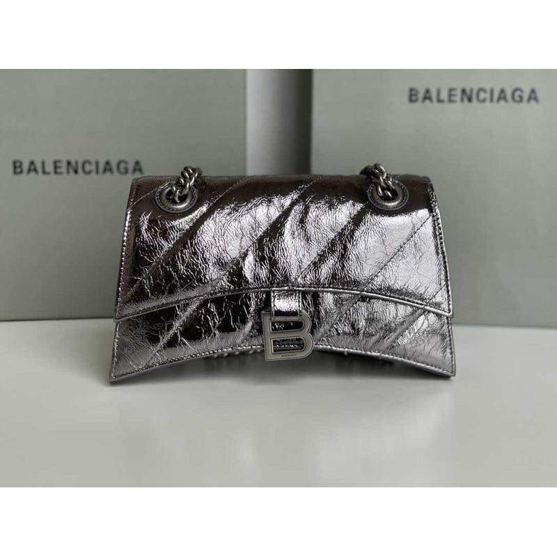 Ba*len*cia*ga crush quilted shoulder bag calfskin small silver