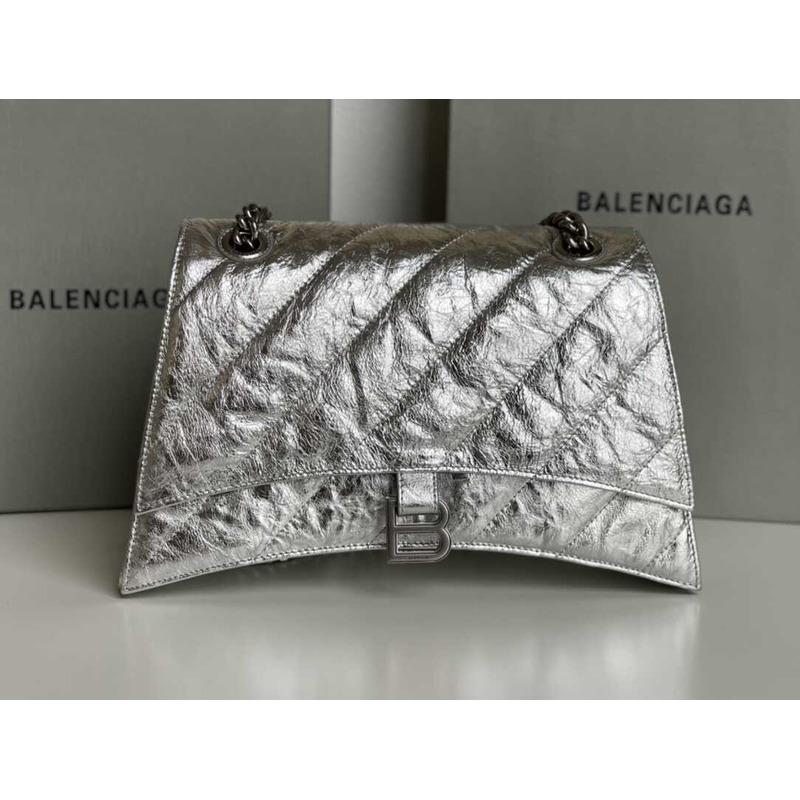 Ba*len*cia*ga crush quilted calfskin shoulder bag silver