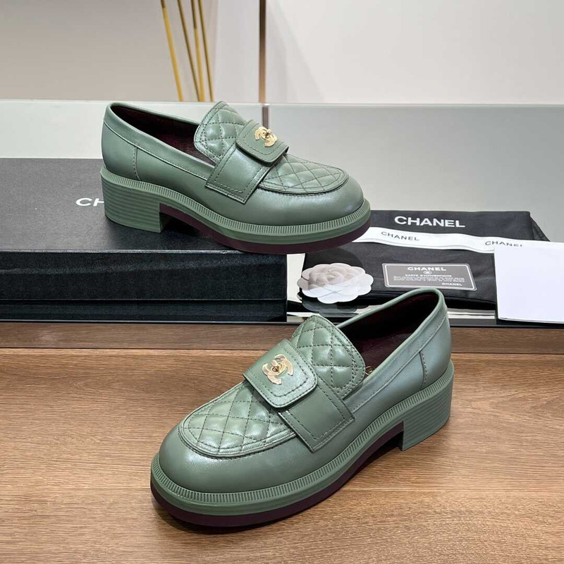 Ch*el lambskin leather loafer green