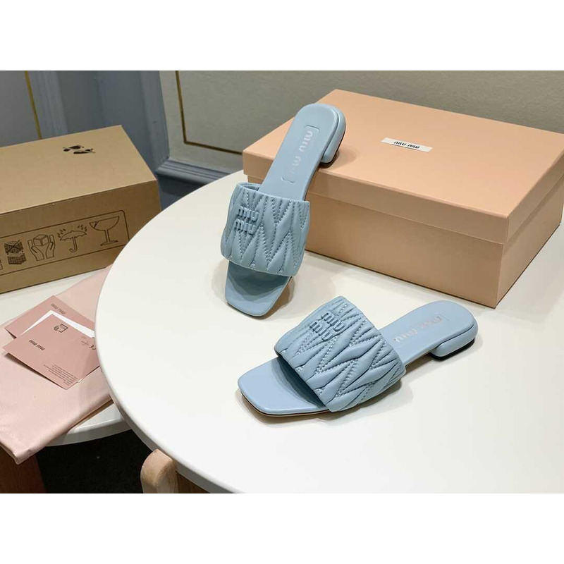 Miu Miu Matelassé Slipper Sandal In Soft Suede Blue