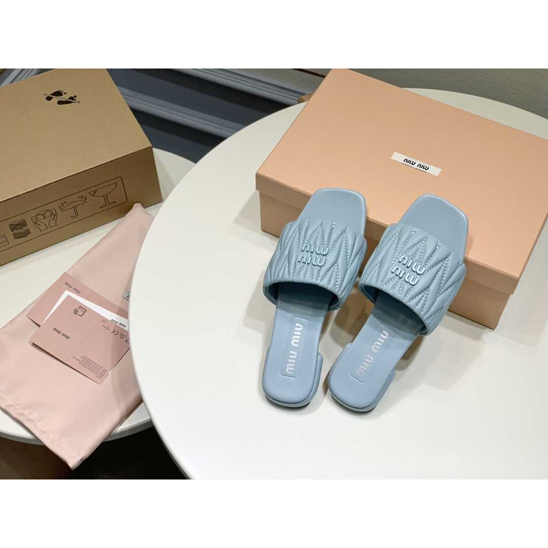 Miu Miu Matelassé Slipper Sandal In Soft Suede Blue