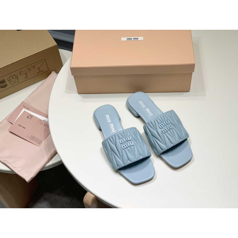 Miu Miu Matelassé Slipper Sandal In Soft Suede Blue