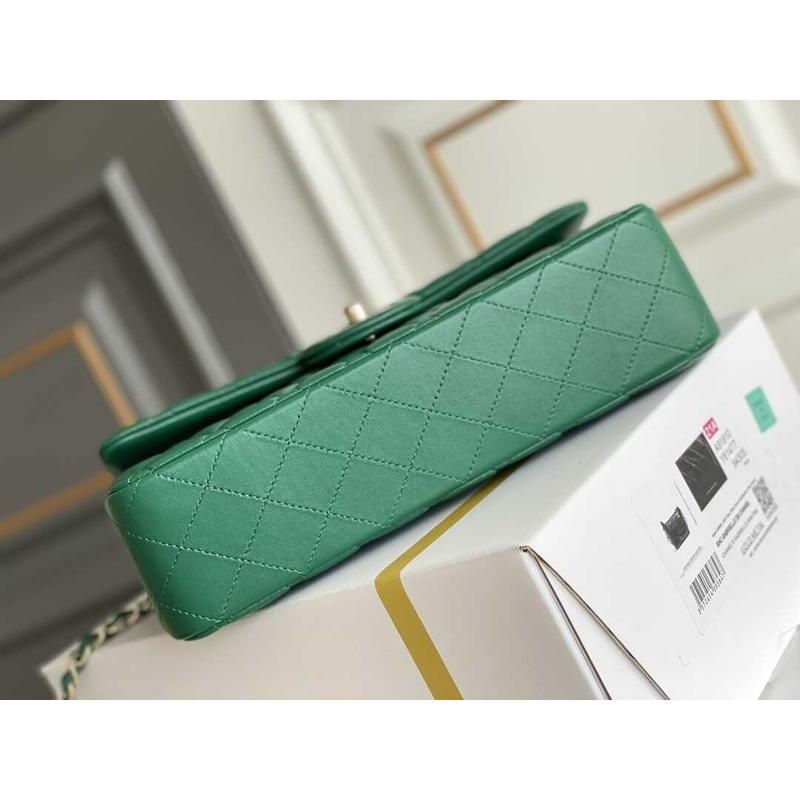 Ch*el iridescent green quilted lambskin medium classic double flap gold hardware