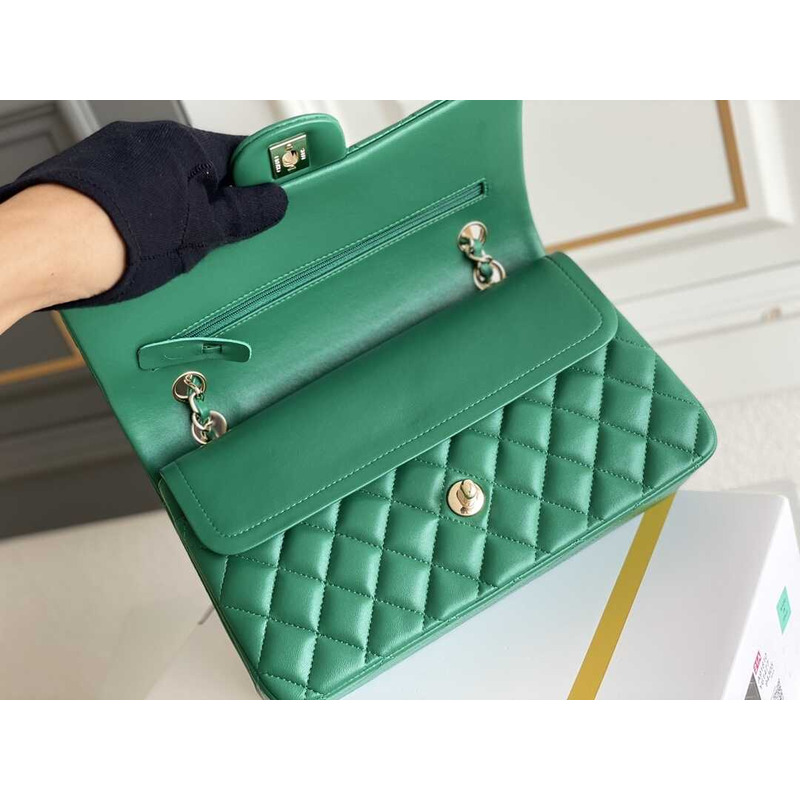 Ch*el iridescent green quilted lambskin medium classic double flap gold hardware