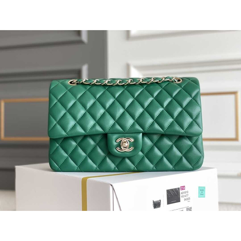 Ch*el iridescent green quilted lambskin medium classic double flap gold hardware