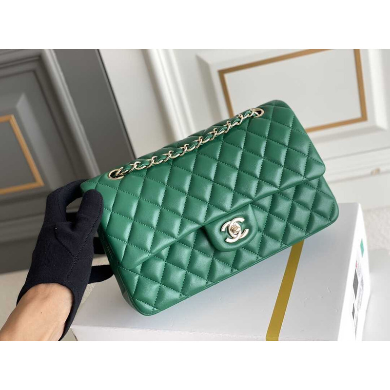 Ch*el iridescent green quilted lambskin medium classic double flap gold hardware