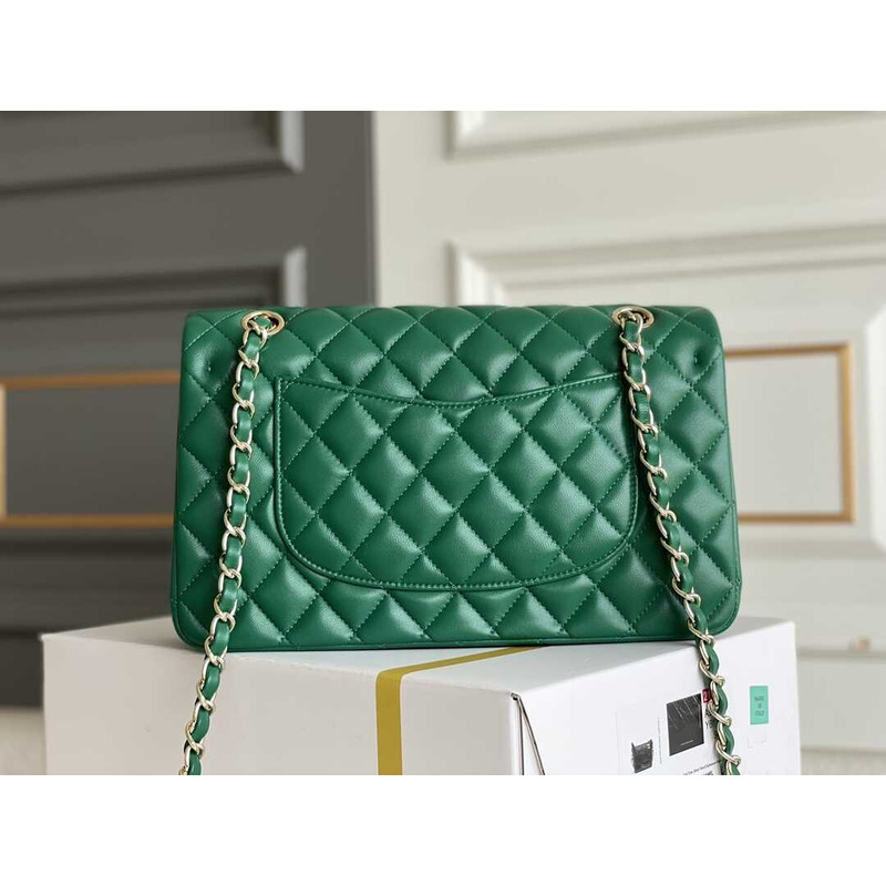 Ch*el iridescent green quilted lambskin medium classic double flap gold hardware