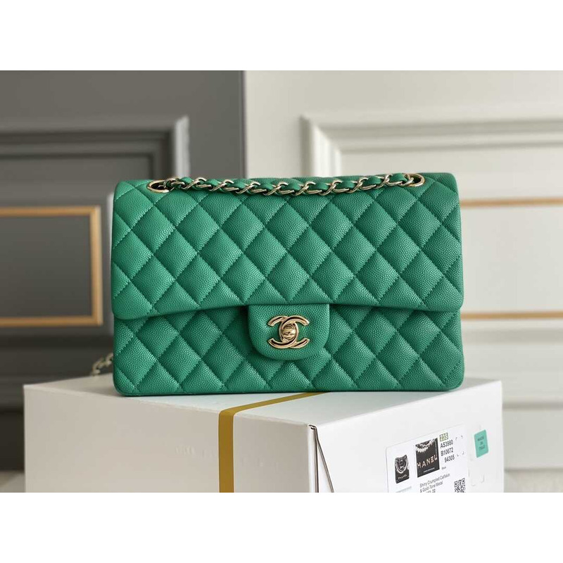 Ch*el green quilted caviar medium classic double flap gold hardware