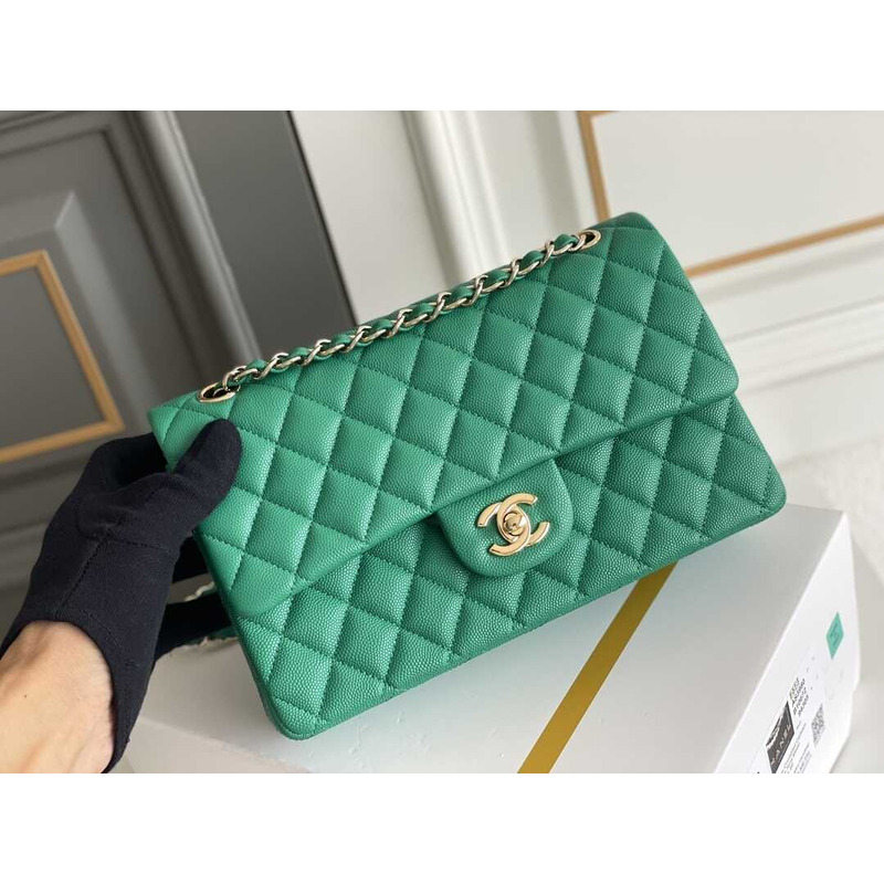 Ch*el green quilted caviar medium classic double flap gold hardware