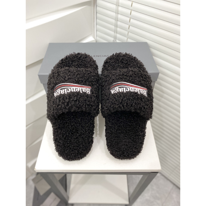 Ba*len*cia*ga logo-embroidered faux shearling slides black