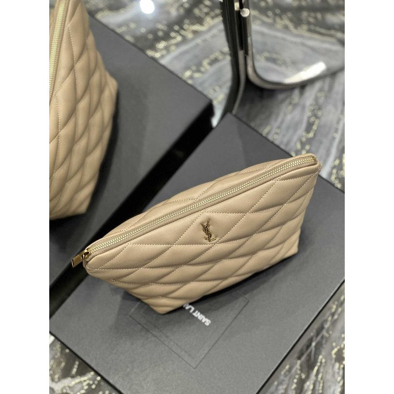 Saint Laurent Sade Calfskin Zipper Envelope Clutch Medium Beige