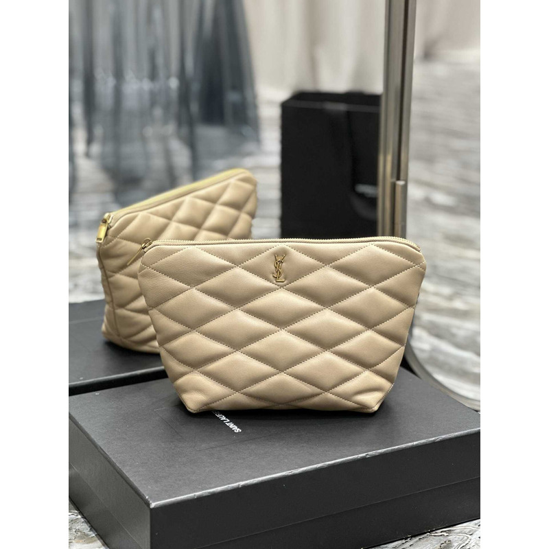 Saint Laurent Sade Calfskin Zipper Envelope Clutch Medium Beige