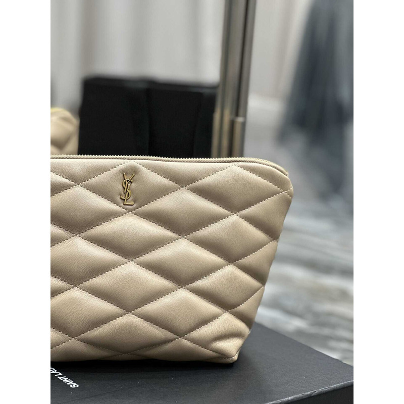 Saint Laurent Sade Calfskin Zipper Envelope Clutch Medium Beige