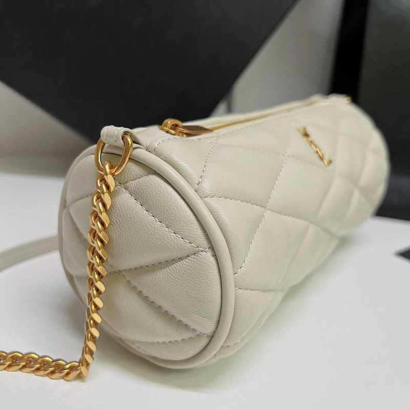 Saint Laurent Sade Mini Cylinder Bag In Quilted Lambskin White