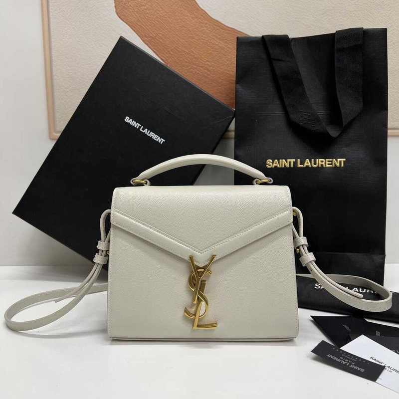 Saint Laurent Cassandra Mini Grained Embossed Leather Shoulder Crossbody Light Grey