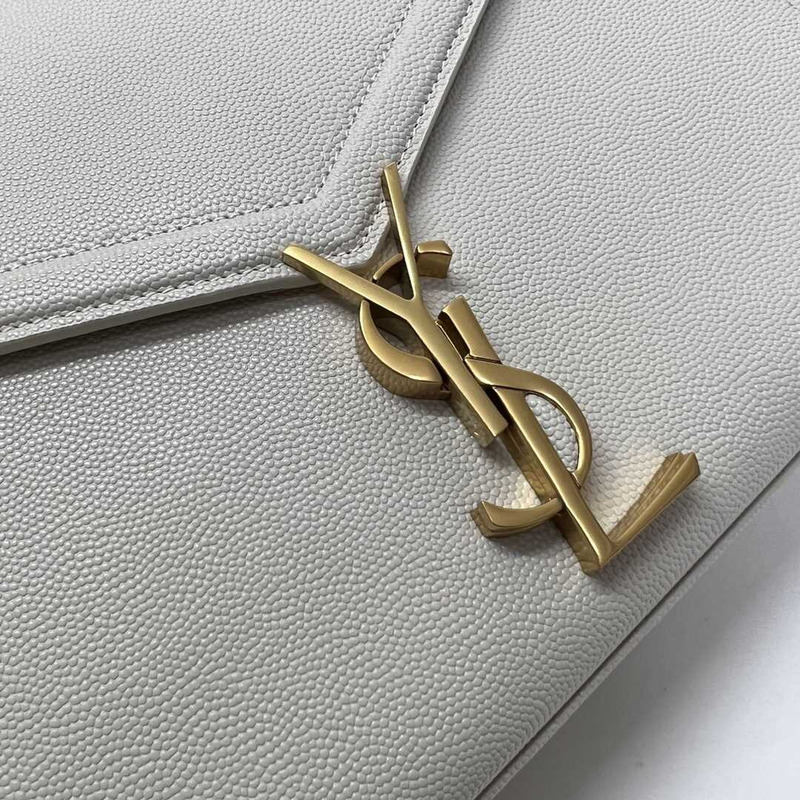 Saint Laurent Cassandra Medium Grained Embossed Leather Shoulder Crossbody Light Grey