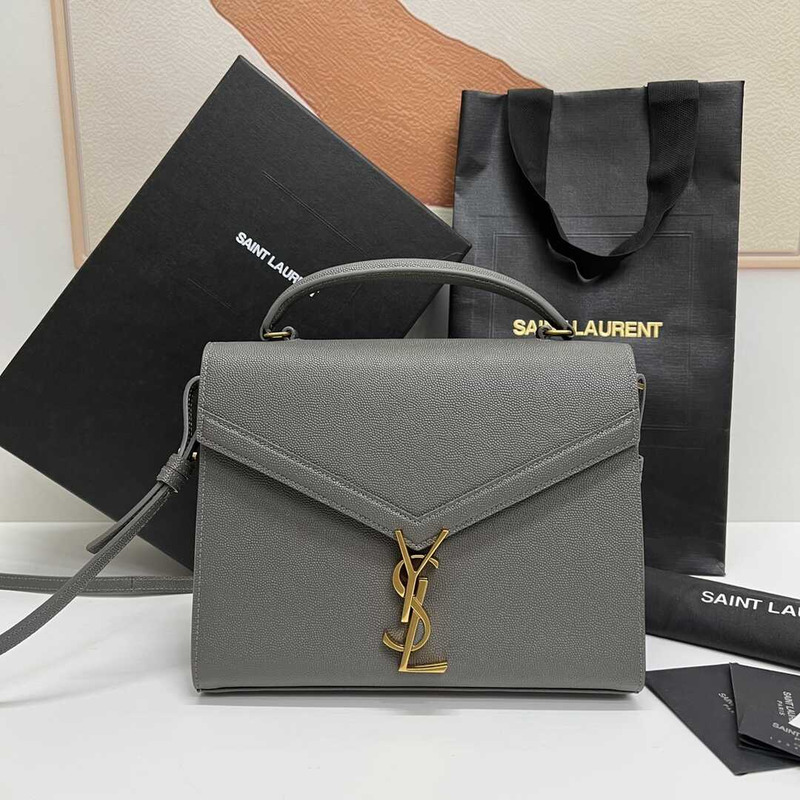 Saint Laurent Cassandra Medium Grained Embossed Leather Shoulder Crossbody Tote Grey