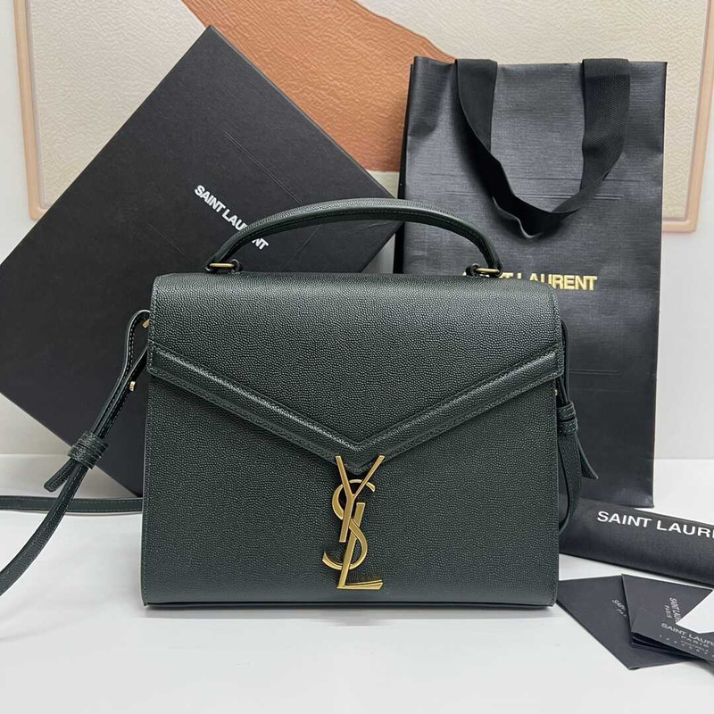 Saint Laurent Cassandra Medium Grained Embossed Leather Shoulder Crossbody Tote Dark Green