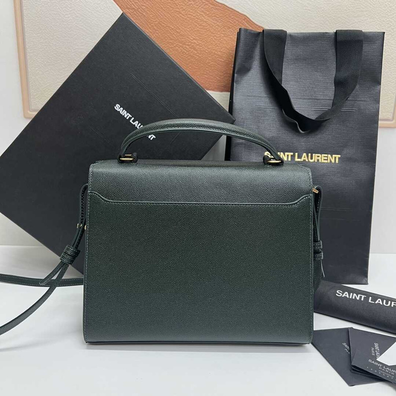 Saint Laurent Cassandra Medium Grained Embossed Leather Shoulder Crossbody Tote Dark Green