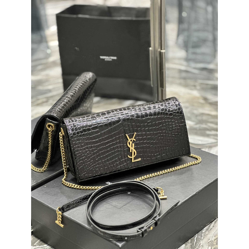 Saint Laurent Cassandra Croc Embossed Chain Wallet