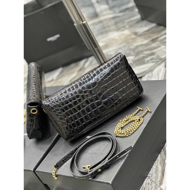 Saint Laurent Cassandra Croc Embossed Chain Wallet