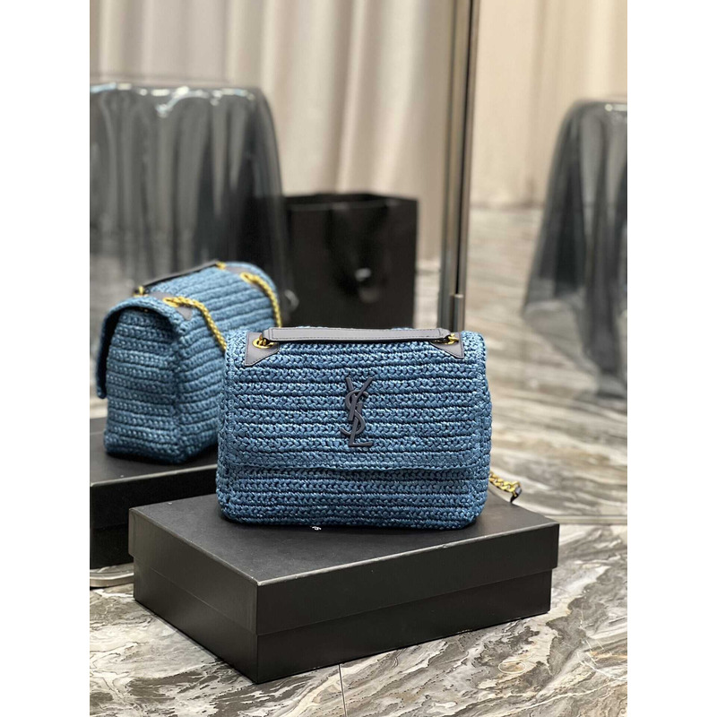 Saint Laurent Niki Medium Crocheted Shoulder Bag Blue