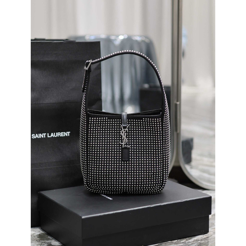 Saint Laurent LE 5 À 7 Hobo Bag In Canvas Leather And Studs