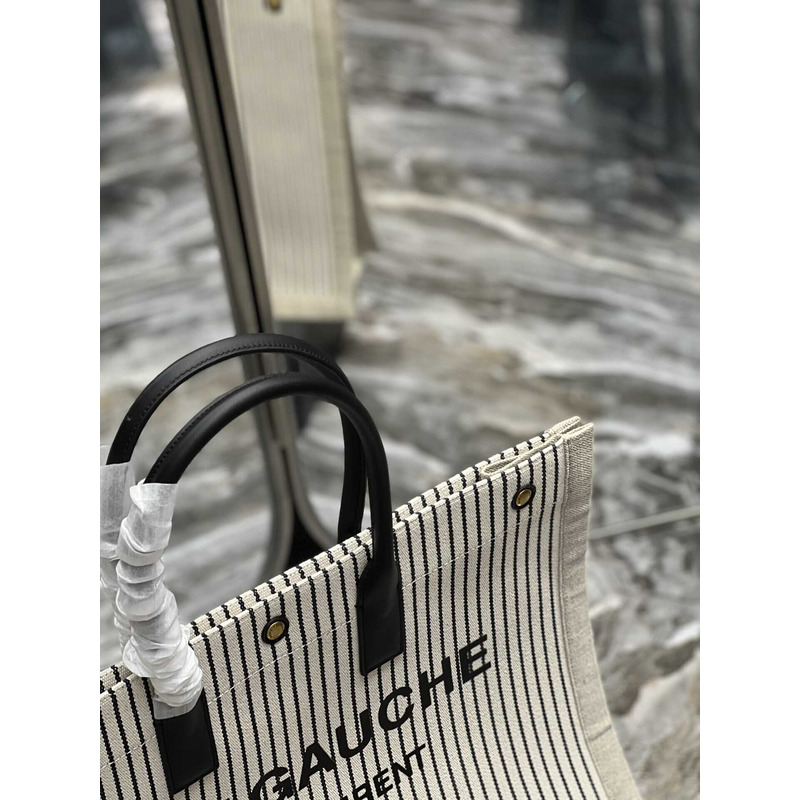 Saint Laurent Rive Gauche Vertical Shopper In Linen And Cotton Striped