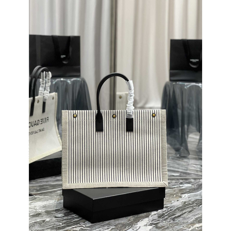 Saint Laurent Rive Gauche Vertical Shopper In Linen And Cotton Striped