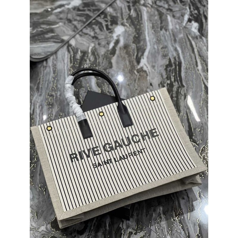 Saint Laurent Rive Gauche Vertical Shopper In Linen And Cotton Striped